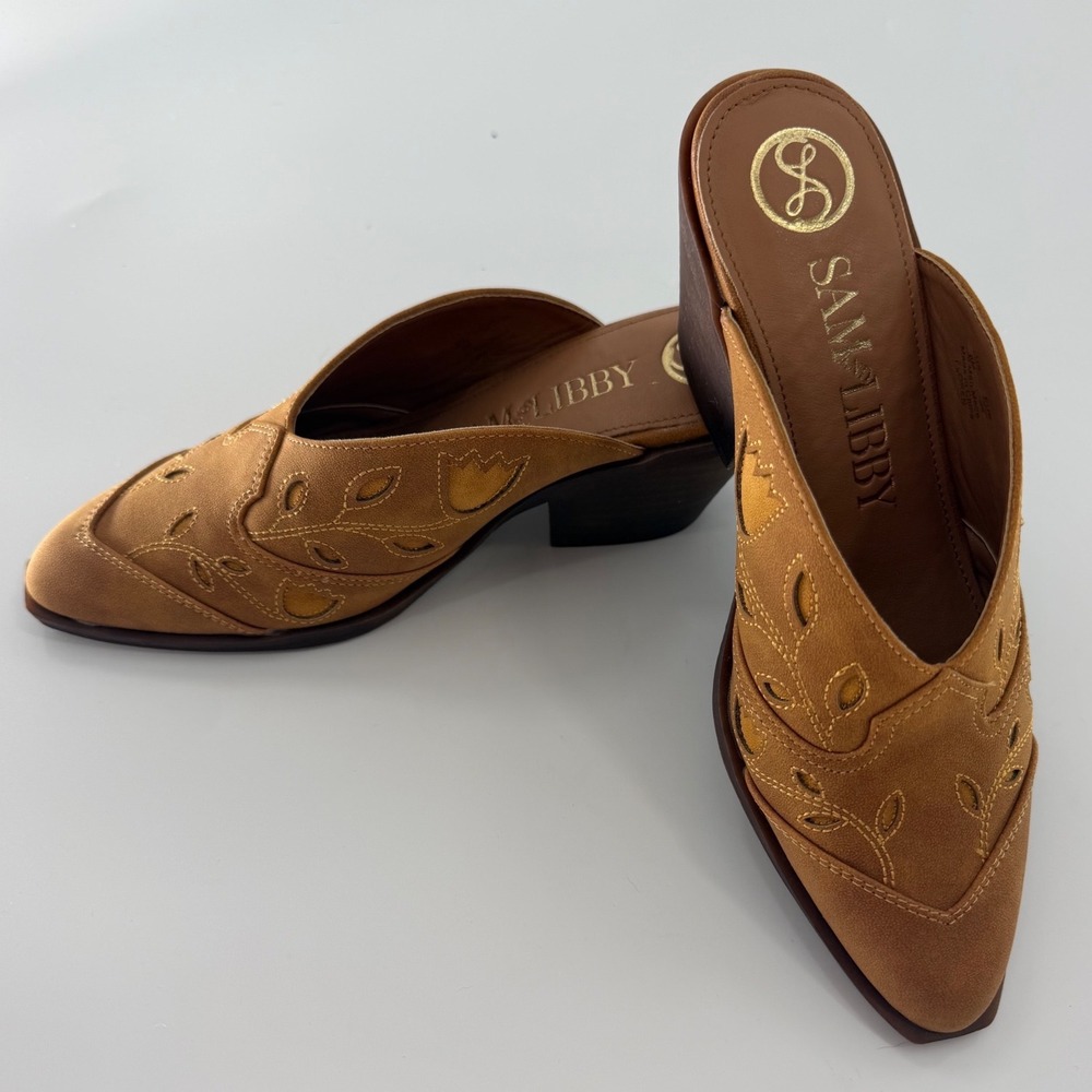 NEW Sam Libby Womens Tan Floral Embroidered Western Block Heel Mules Sz 6M NWOB